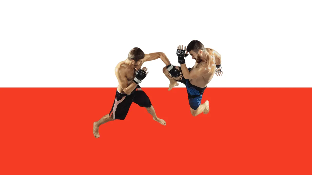 Un combat de boxeur mma, l'un de attanquant l'autre qui se défend. Silhouette des deux hommes avec en arrière plan un rectangle orange donnant un effet de relief.