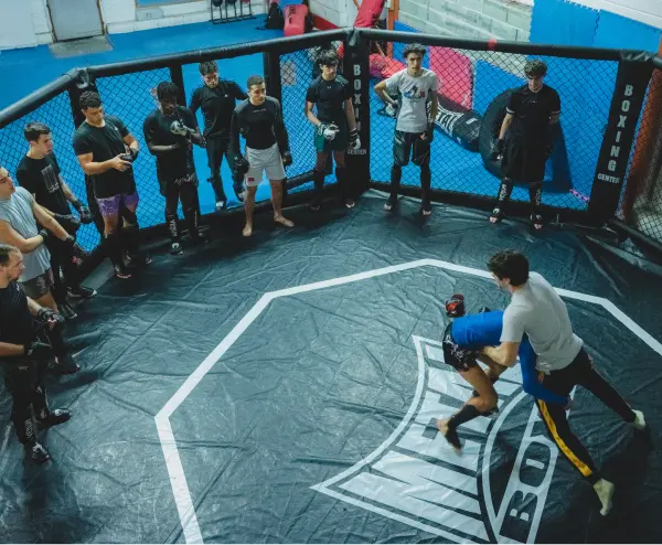 Deux boxeurs font un combat de mix martial art. Ils sont au centre de l'arène et des personnes sont autour pour les regarder