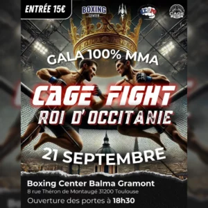 Affiche d'un gala de boxe MMA; on y retrouve une image de deux boxeurs s'affrontant et des informations sur le gala à venir.