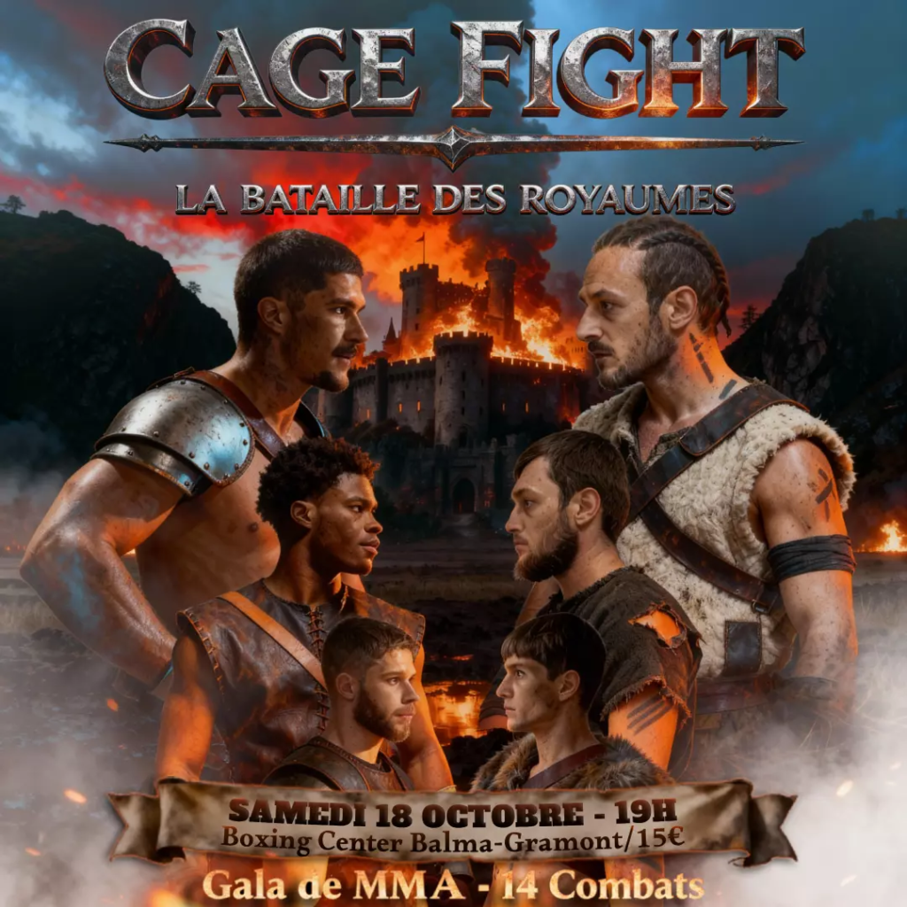 Affiche à thème médiéval pour "Cage Fight : La Bataille des Royaumes" avec cinq guerriers, une armure, un château en feu, faisant la promotion d'un événement MMA le 18 octobre.